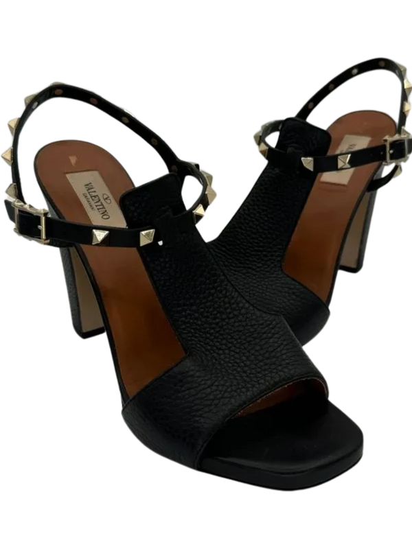Valentino Black Leather Rockstud Open Toe Block Heel Ankle Strap Sandals