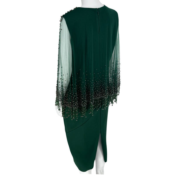 Pamella Roland Rich forest green Beaded Overlay Cut Out Long Sleeve Cape Dress Sz 8