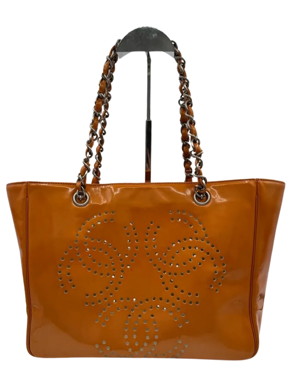 CHANEL Triple Coco Orange Patent Leather Chain Tote Bag