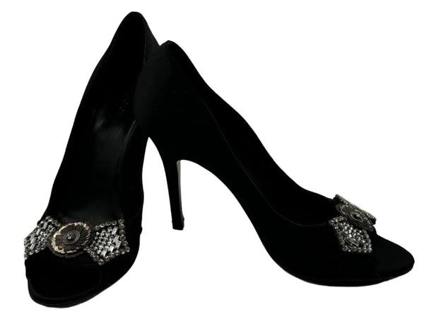 Gucci Black Satin Crystal Bow Embellished Peep Toe Pumps - Size 39