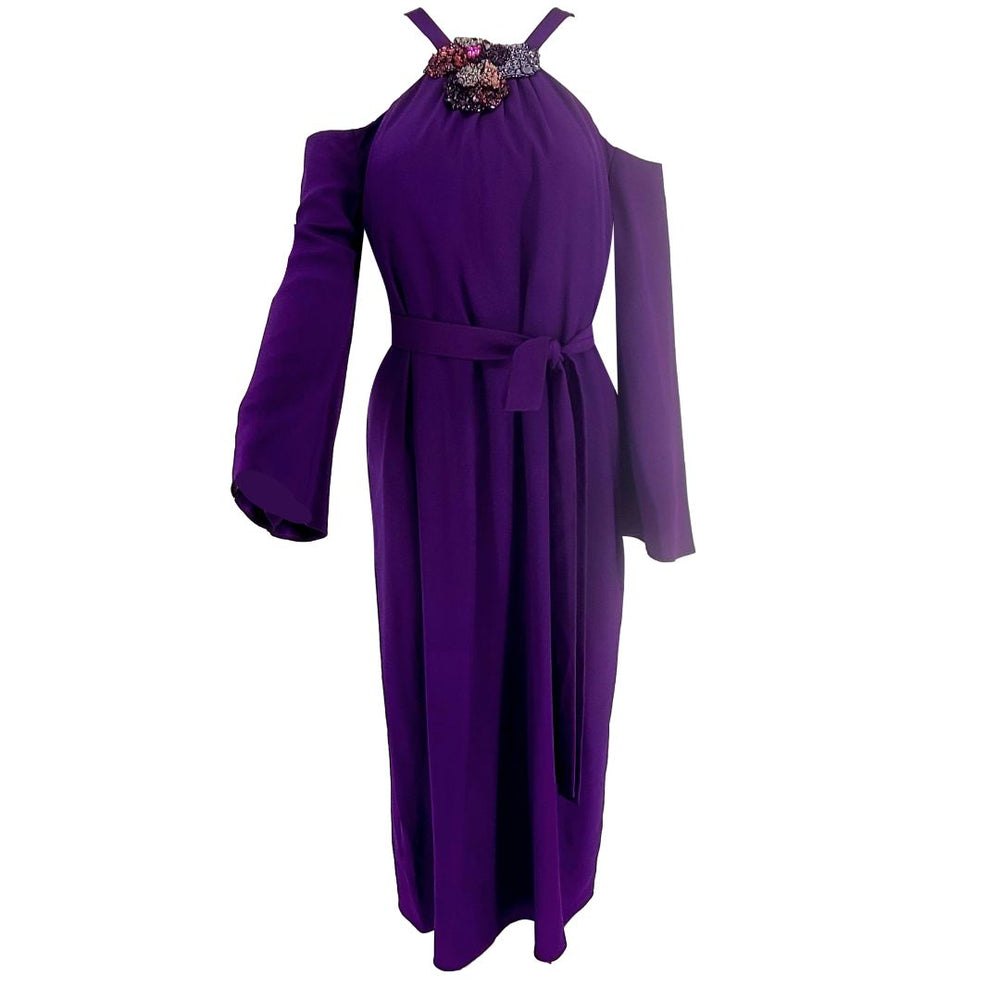 PAMELLA ROLAND Purple Cold Shoulder Beaded Neck Long Sleeve Maxi Dress 10.