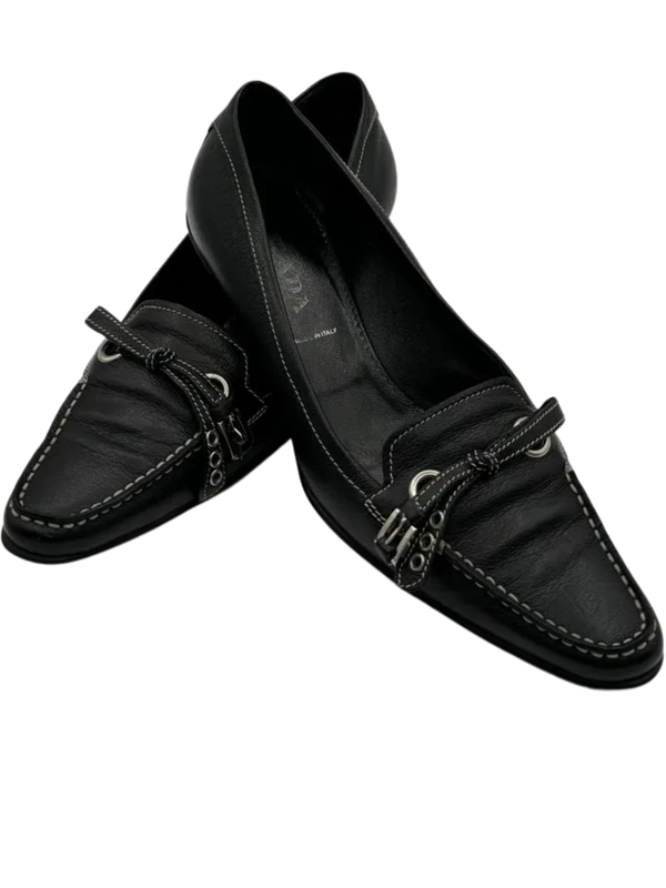 Prada Bow & Buckle Stitched Kitten Heels - Prada