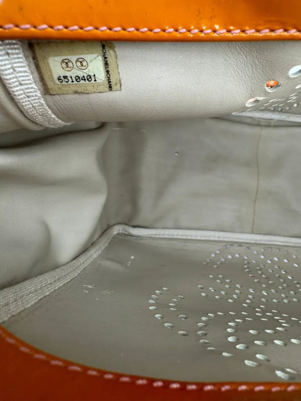 CHANEL Triple Coco Orange Patent Leather Chain Tote Bag