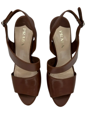 Prada Asymmetric Calfskin Wedge Sandal, Brown