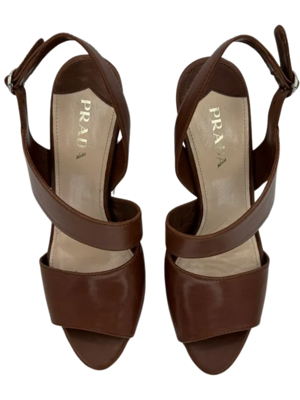 Prada Asymmetric Calfskin Wedge Sandal, Brown