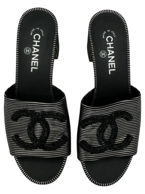 Chanel Women's CC Slide Sandals Embellished Striped Suede Sz. 39.5