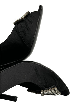 Gucci Black Satin Crystal Bow Embellished Peep Toe Pumps - Size 39
