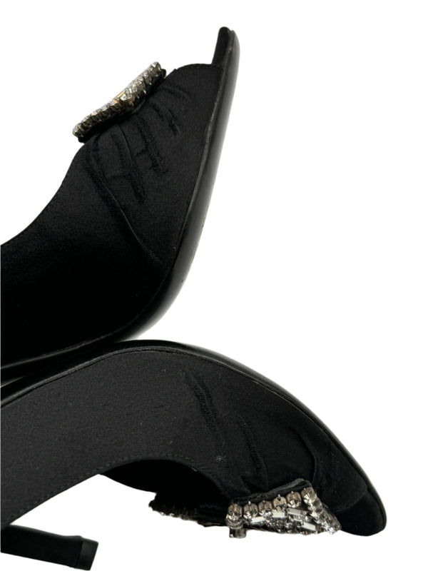 Gucci Black Satin Crystal Bow Embellished Peep Toe Pumps - Size 39