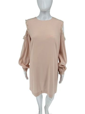 Pamella Roland Blush Cold-Shoulder Dress with Pearlized Button Detail – Large