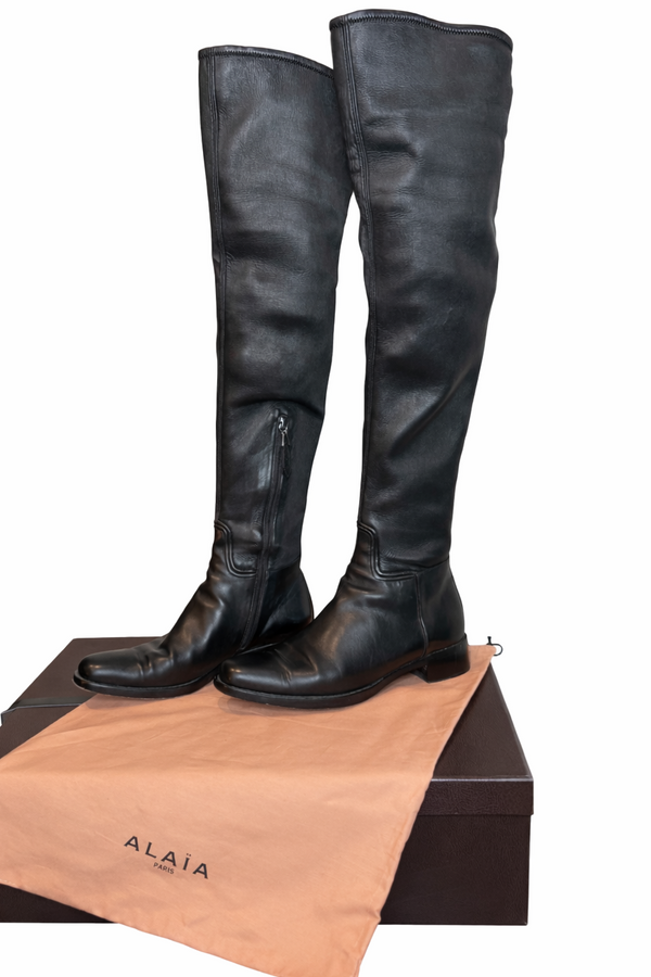 Alaïa Black Leather Over-the-Knee Boots – Size 40.5