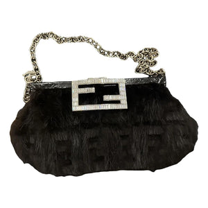 FENDI Mini Baguette Black Fur and Rhinestone/Silver Hardware