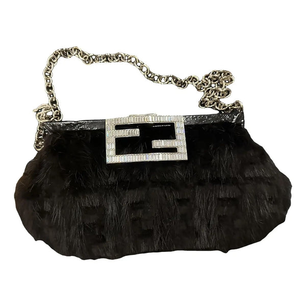 FENDI Mini Baguette Black Fur and Rhinestone/Silver Hardware