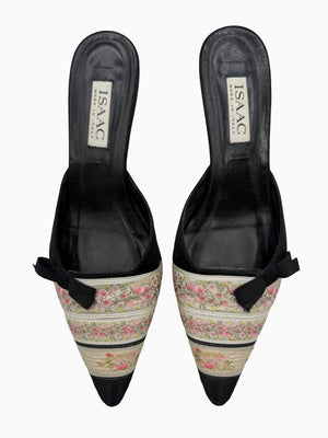Vintage Isaac Mizrahi Floral Brocade Satin Kitten Heel Mules Shoes 9 Italy