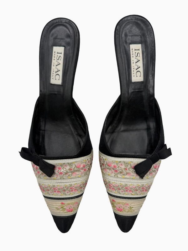 Vintage Isaac Mizrahi Floral Brocade Satin Kitten Heel Mules Shoes 9 Italy