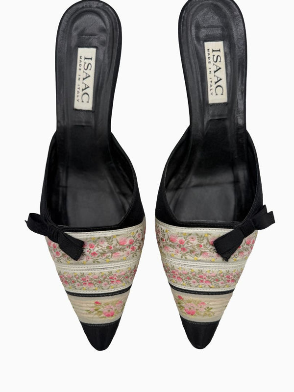 Vintage Isaac Mizrahi Floral Brocade Satin Kitten Heel Mules Shoes 9 Italy