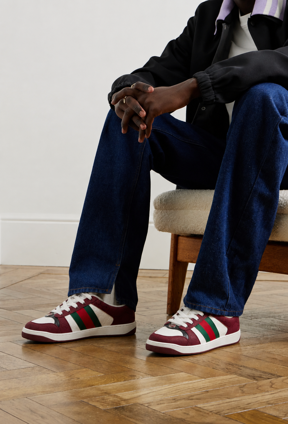 Gucci Mens GG Monogram Web Stripe Low Top Sneakers Burgundy Ivory Size 8 Italy