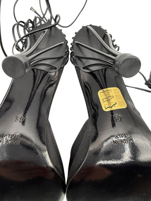 Chanel Black Leather And Satin Birdcage Pointed Toe Ankle Tie Sandals - Size 41