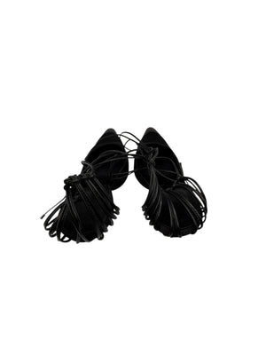 Chanel Black Leather And Satin Birdcage Pointed Toe Ankle Tie Sandals - Size 41