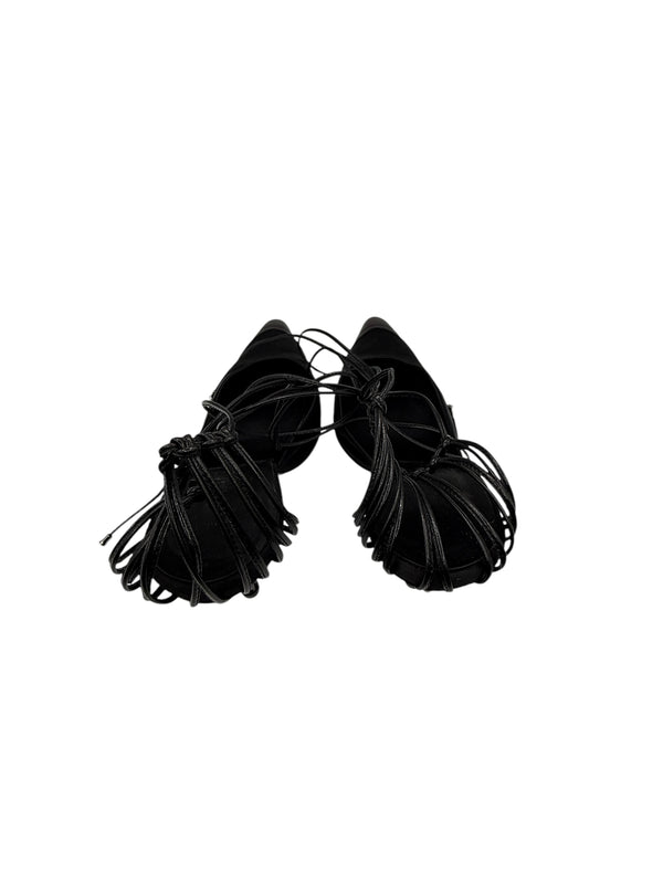 Chanel Black Leather And Satin Birdcage Pointed Toe Ankle Tie Sandals - Size 41