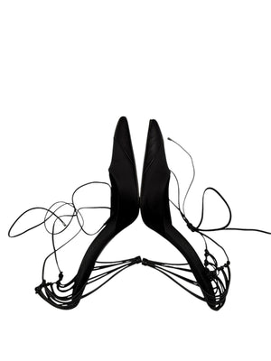 Chanel Black Leather And Satin Birdcage Pointed Toe Ankle Tie Sandals - Size 41
