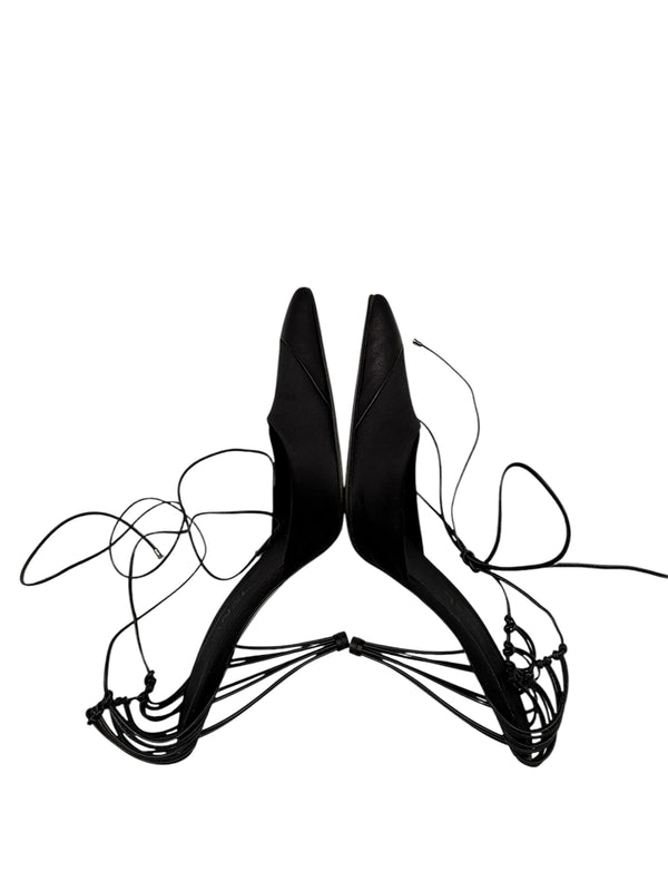 Chanel Black Leather And Satin Birdcage Pointed Toe Ankle Tie Sandals - Size 41