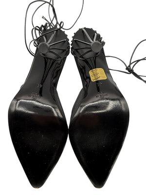 Chanel Black Leather And Satin Birdcage Pointed Toe Ankle Tie Sandals - Size 41