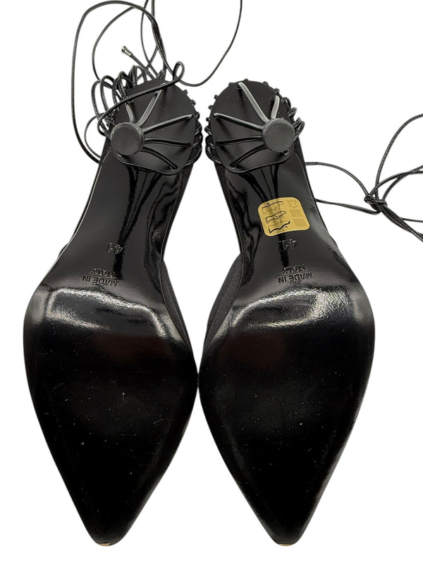 Chanel Black Leather And Satin Birdcage Pointed Toe Ankle Tie Sandals - Size 41