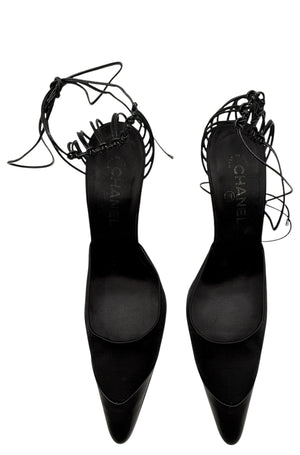Chanel Black Leather And Satin Birdcage Pointed Toe Ankle Tie Sandals - Size 41