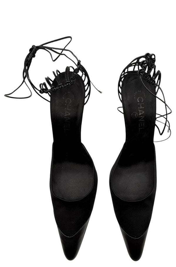 Chanel Black Leather And Satin Birdcage Pointed Toe Ankle Tie Sandals - Size 41