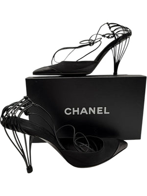 Chanel Black Leather And Satin Birdcage Pointed Toe Ankle Tie Sandals - Size 41