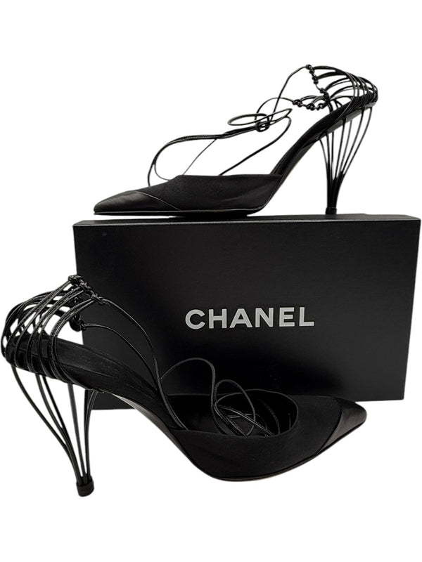 Chanel Black Leather And Satin Birdcage Pointed Toe Ankle Tie Sandals - Size 41