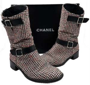 Chanel tweed Tricolor Engineer Buckle Boots - Size 41