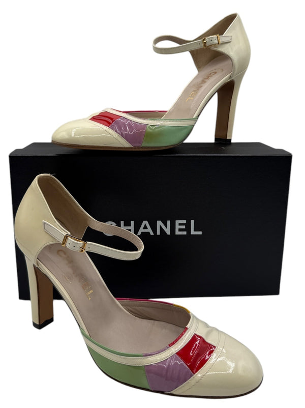 Chanel Multicolor Patent Leather D'orsay Colorblock Ankle Strap Pumps Size 40