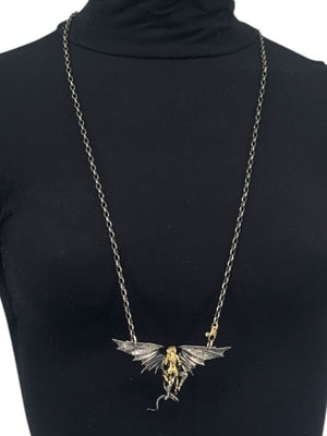 Alp Sagnak Angel & Devil Necklace with Spread Wings – 18K Gold, Oxidized Silver & Diamonds