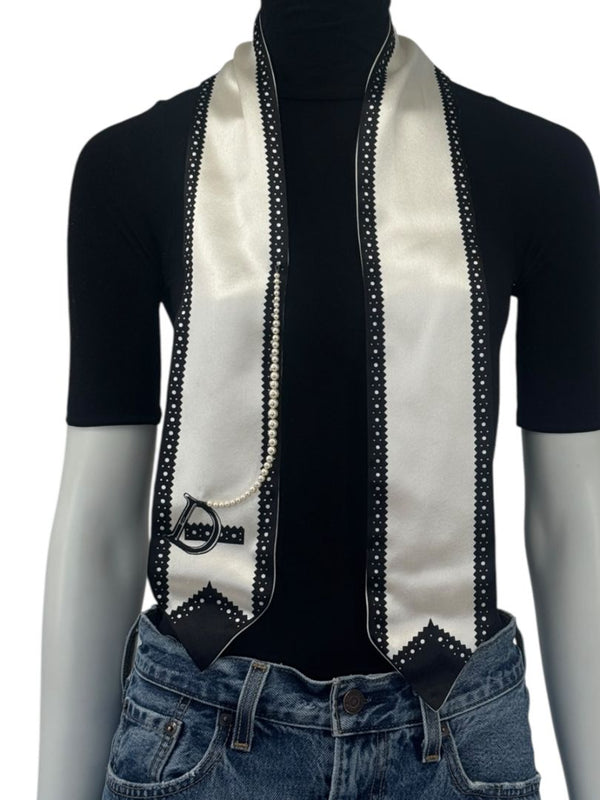 Christian Dior Ivory & Black Silk Pearl-Embellished Scarf