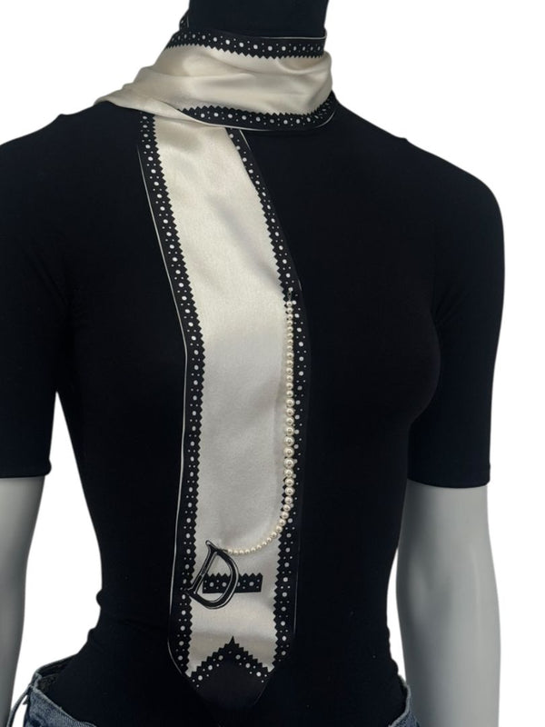 Christian Dior Ivory & Black Silk Pearl-Embellished Scarf