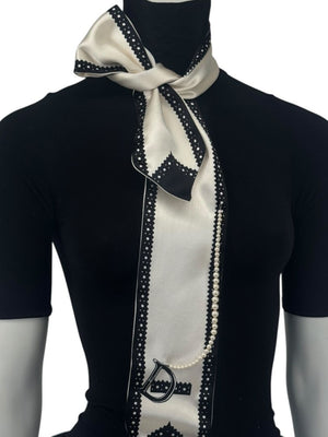 Christian Dior Ivory & Black Silk Pearl-Embellished Scarf