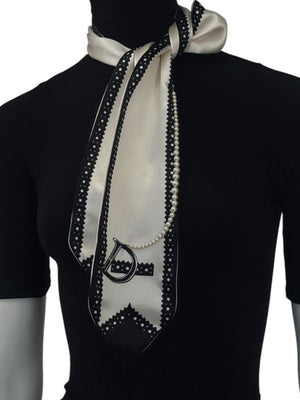 Christian Dior Ivory & Black Silk Pearl-Embellished Scarf