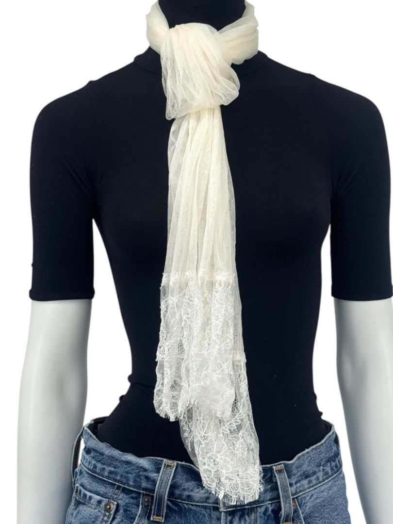 Chanel Fall 2005 Ivory Silk with Lace Trim Long Scarf