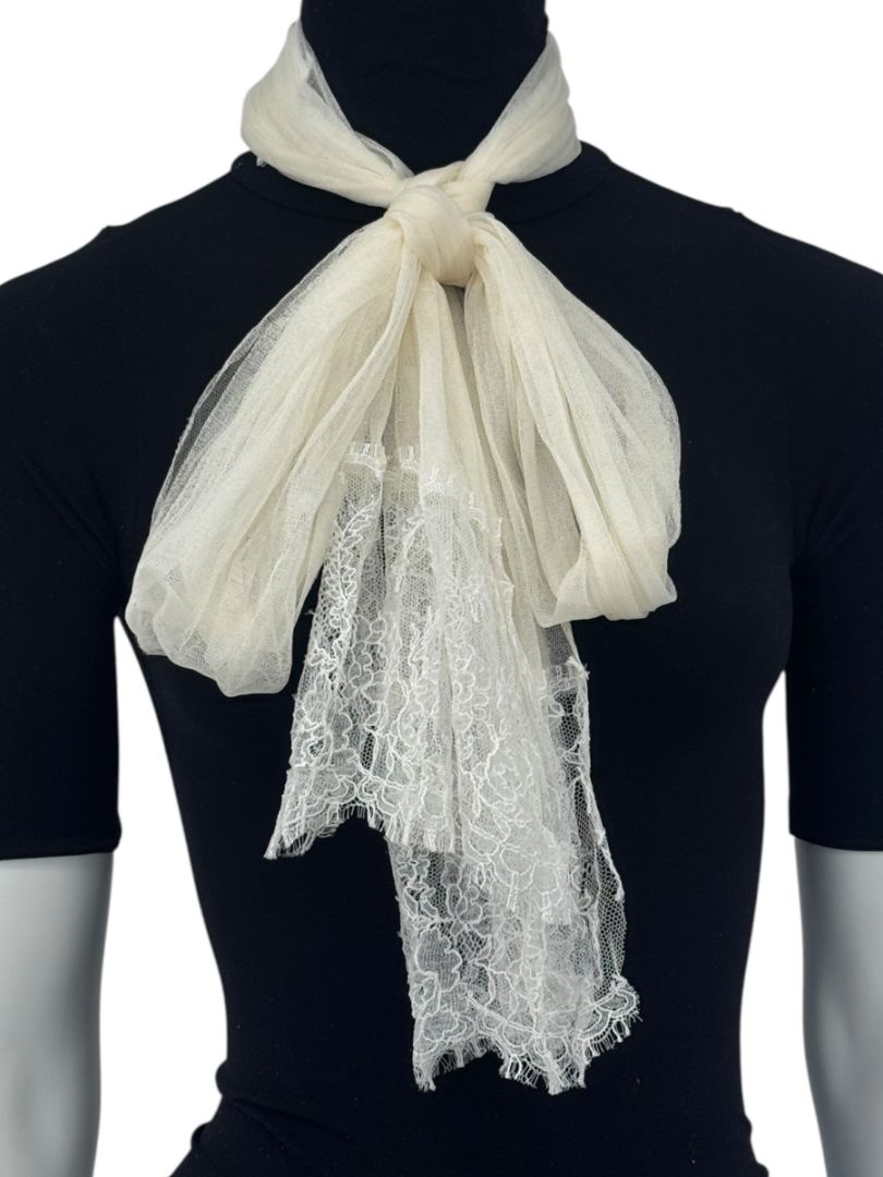 Chanel Fall 2005 Ivory Silk with Lace Trim Long Scarf