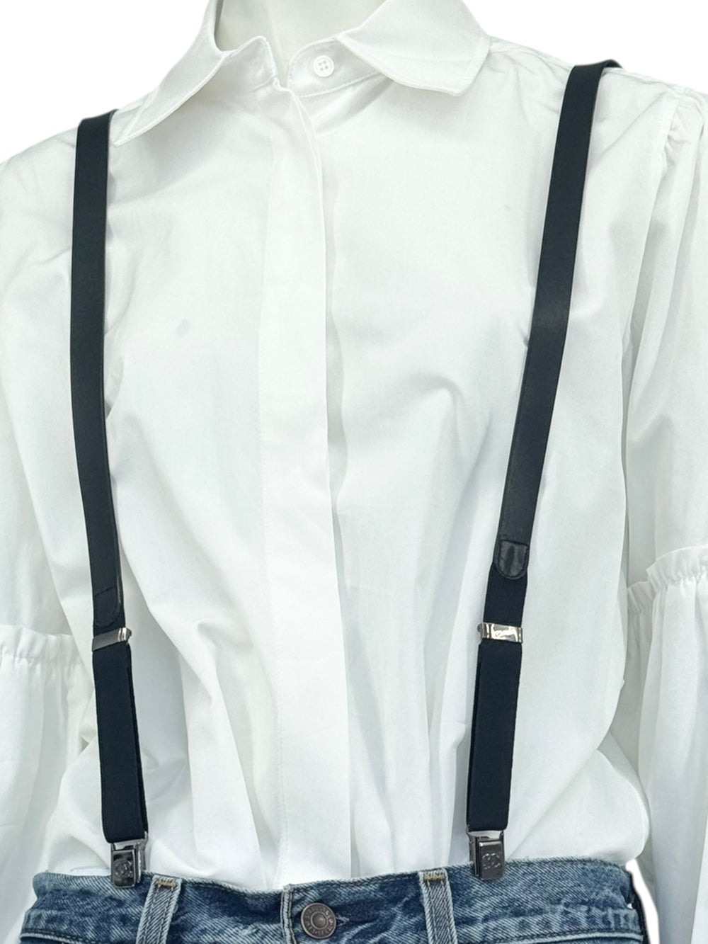 Chanel Black Leather CC Logo Suspenders – Adjustable – Made in France