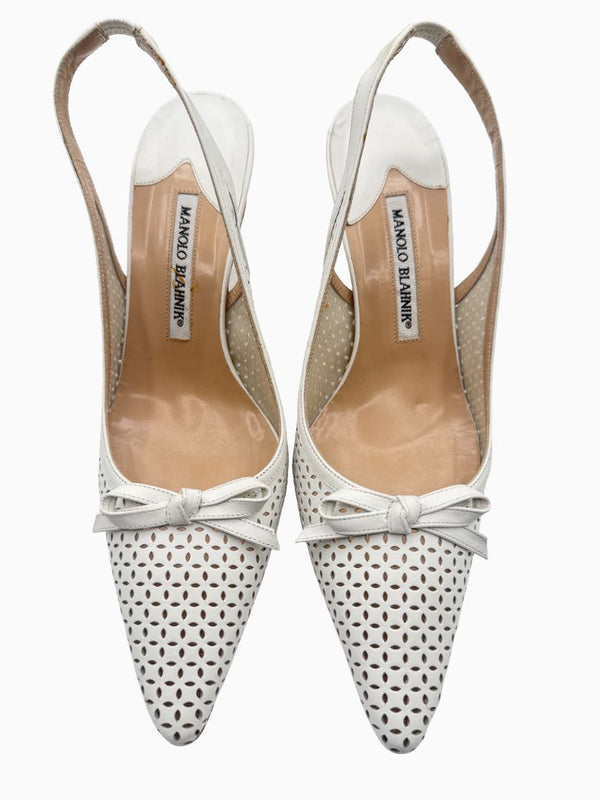 Manolo Blahnik White Perforated Leather Slingback Pumps Heels Size 39 Italy