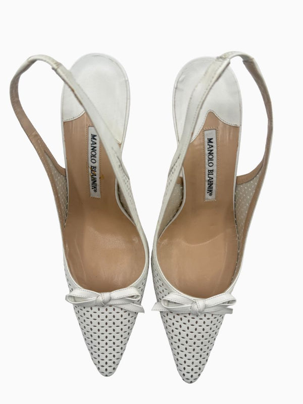 Manolo Blahnik White Perforated Leather Slingback Pumps Heels Size 39 Italy