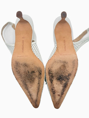 Manolo Blahnik White Perforated Leather Slingback Pumps Heels Size 39 Italy