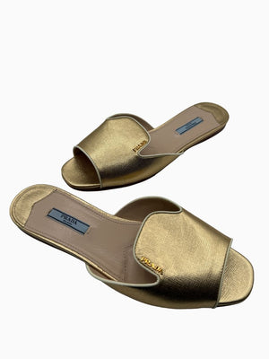 Prada Gold Saffiano Leather Flat Slide Sandals Shoes Size 39 Italy