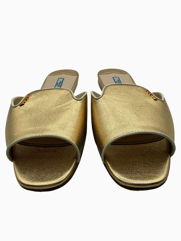 Prada Gold Saffiano Leather Flat Slide Sandals Shoes Size 39 Italy