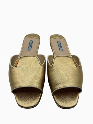 Prada Gold Saffiano Leather Flat Slide Sandals Shoes Size 39 Italy