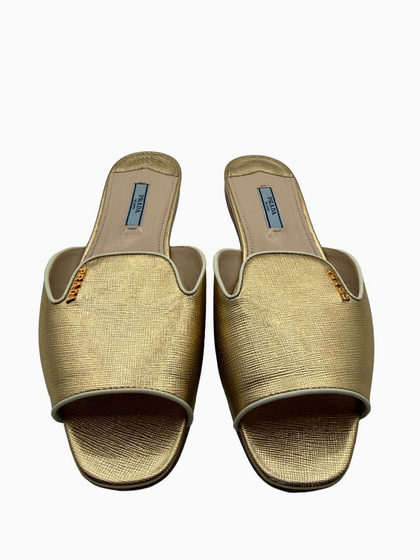 Prada Gold Saffiano Leather Flat Slide Sandals Shoes Size 39 Italy