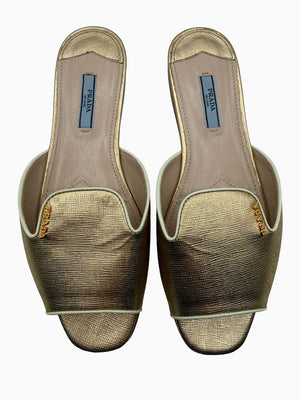 Prada Gold Saffiano Leather Flat Slide Sandals Shoes Size 39 Italy