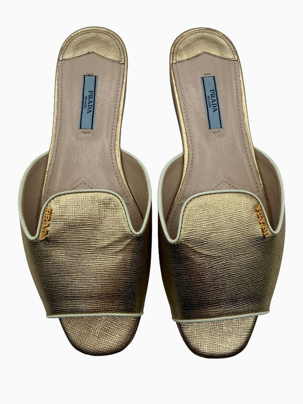 Prada Gold Saffiano Leather Flat Slide Sandals Shoes Size 39 Italy